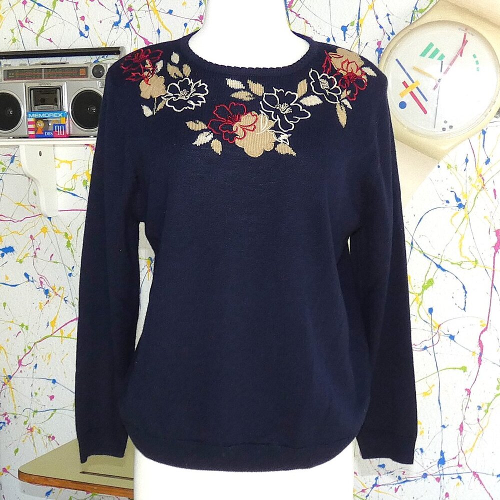 Embroidered Floral Sweater Navy Blue Long Sleeve